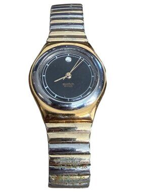 Vintage Ladies Swatch Irony Gold-Silver Tone Stainless Steel Black Dial